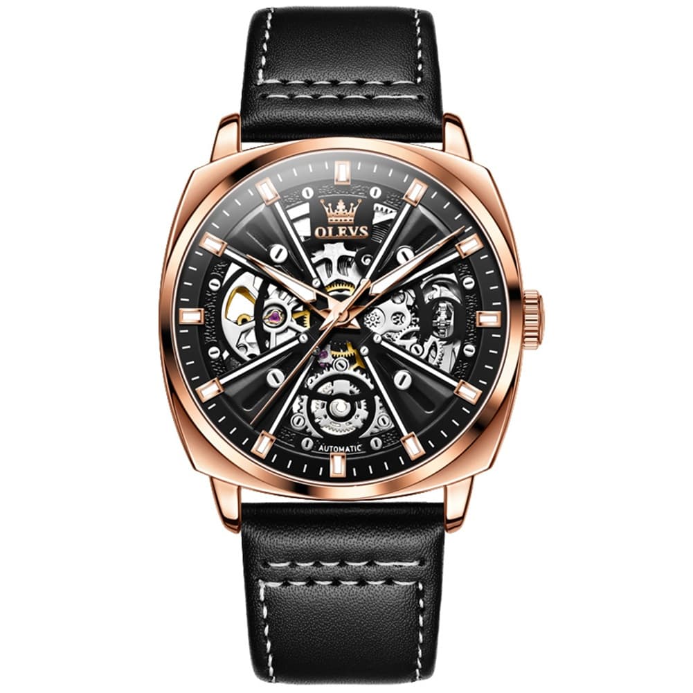 OLEVS 6685 Mechanical Skeleton Leather Watch for Men