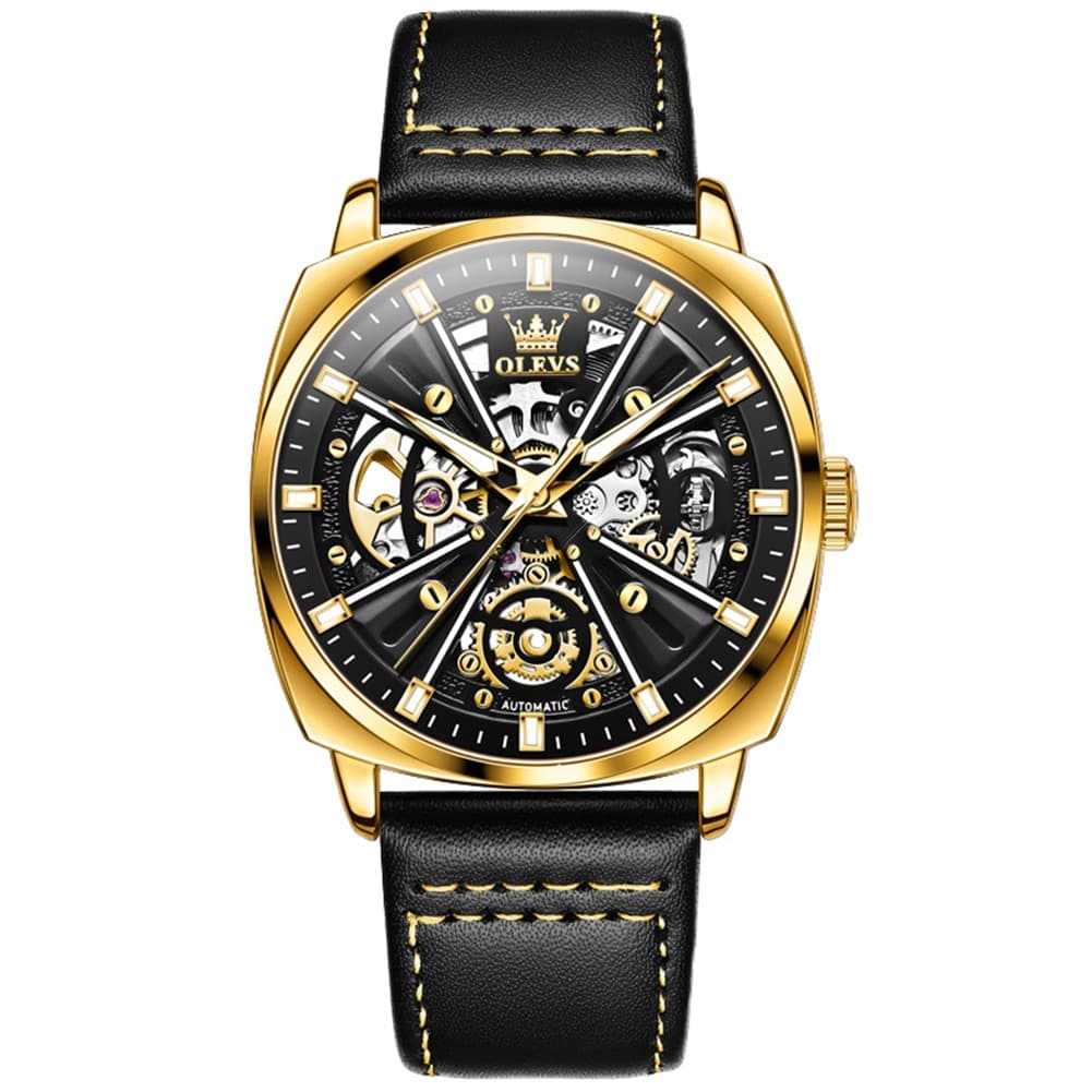 OLEVS 6685 Mechanical Skeleton Leather Watch for Men