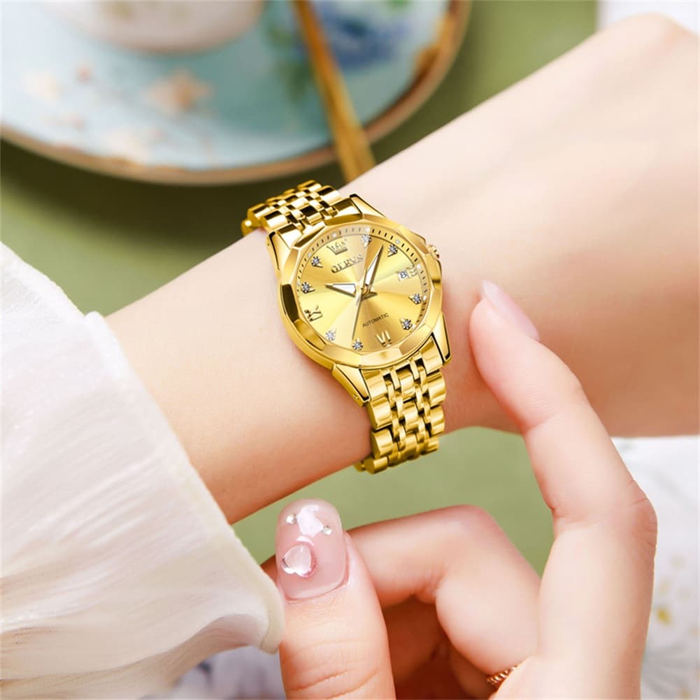 OLEVS 3D Diamond Cut Mirror Automatic Mechanical Watch 9982 for Women