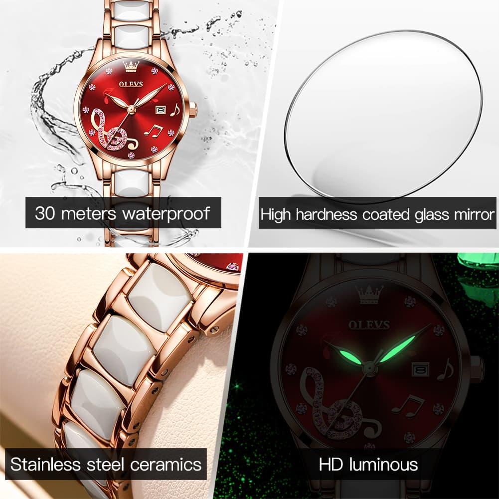 OLEVS 3605 Ceramic Musical Note Quartz Watch for Women