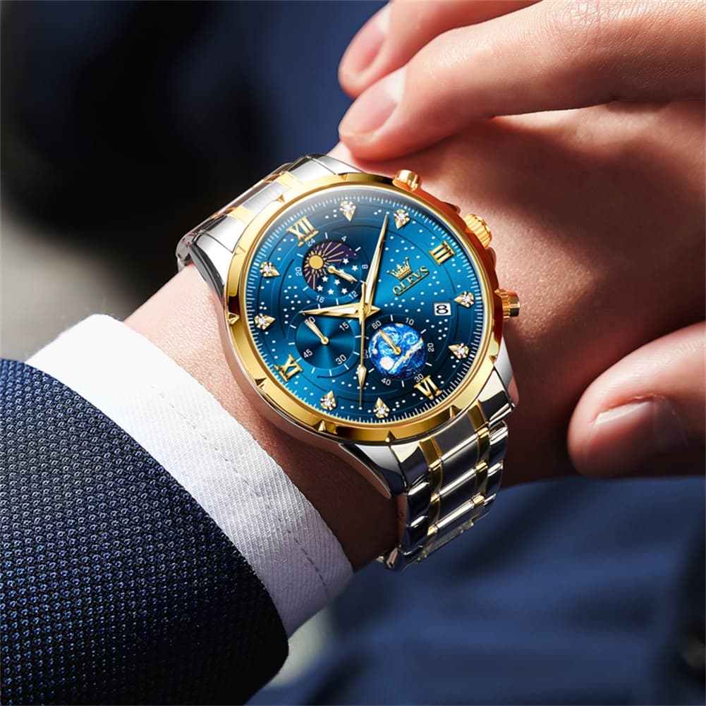OLEVS 9807 Starry Moon Phase Chronograph Quartz Watch for Men