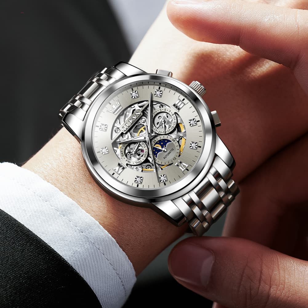 OLEVS 6721 Openwork Skeleton Diamond Dial Moon Phase Calendar Mechanical Watch For Men