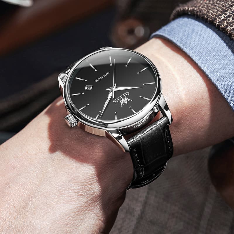 OLEVS 6725 Minimalist Leather Strap Automatic Mechanical Lightweight Watch For Men