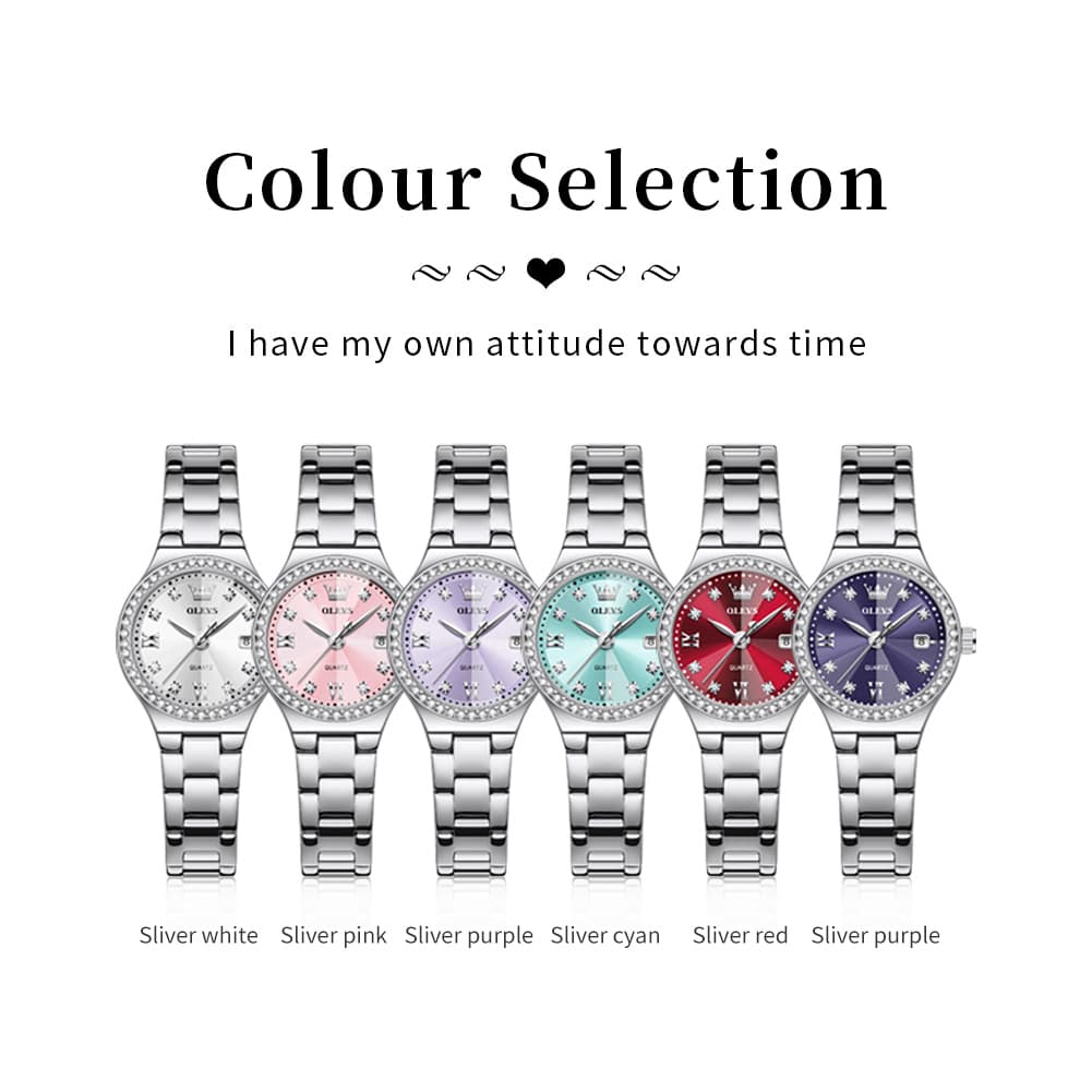 OLEVS Women Diamond Bezel Watch Petite Pastel Sunray Silver Stainless Steel Date Quartz 5628