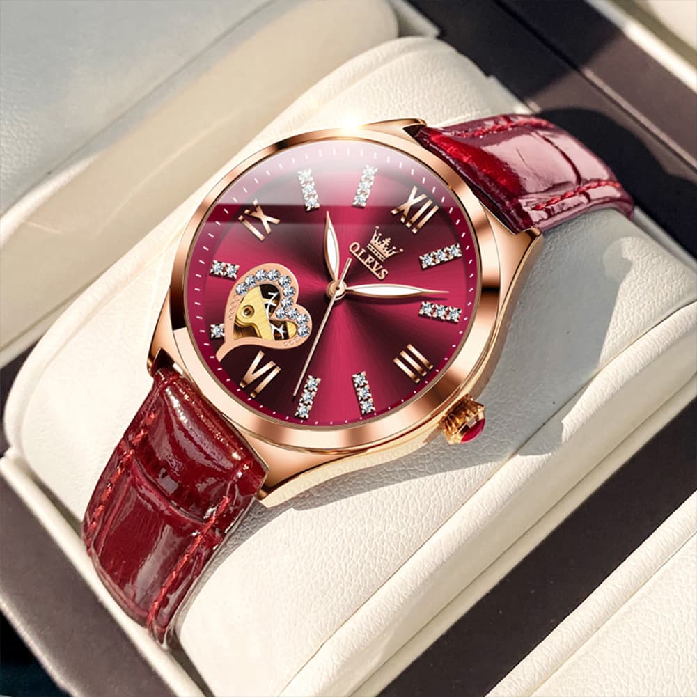 OLEVS 6636 Leather Skeleton Mechanical Watch for Women