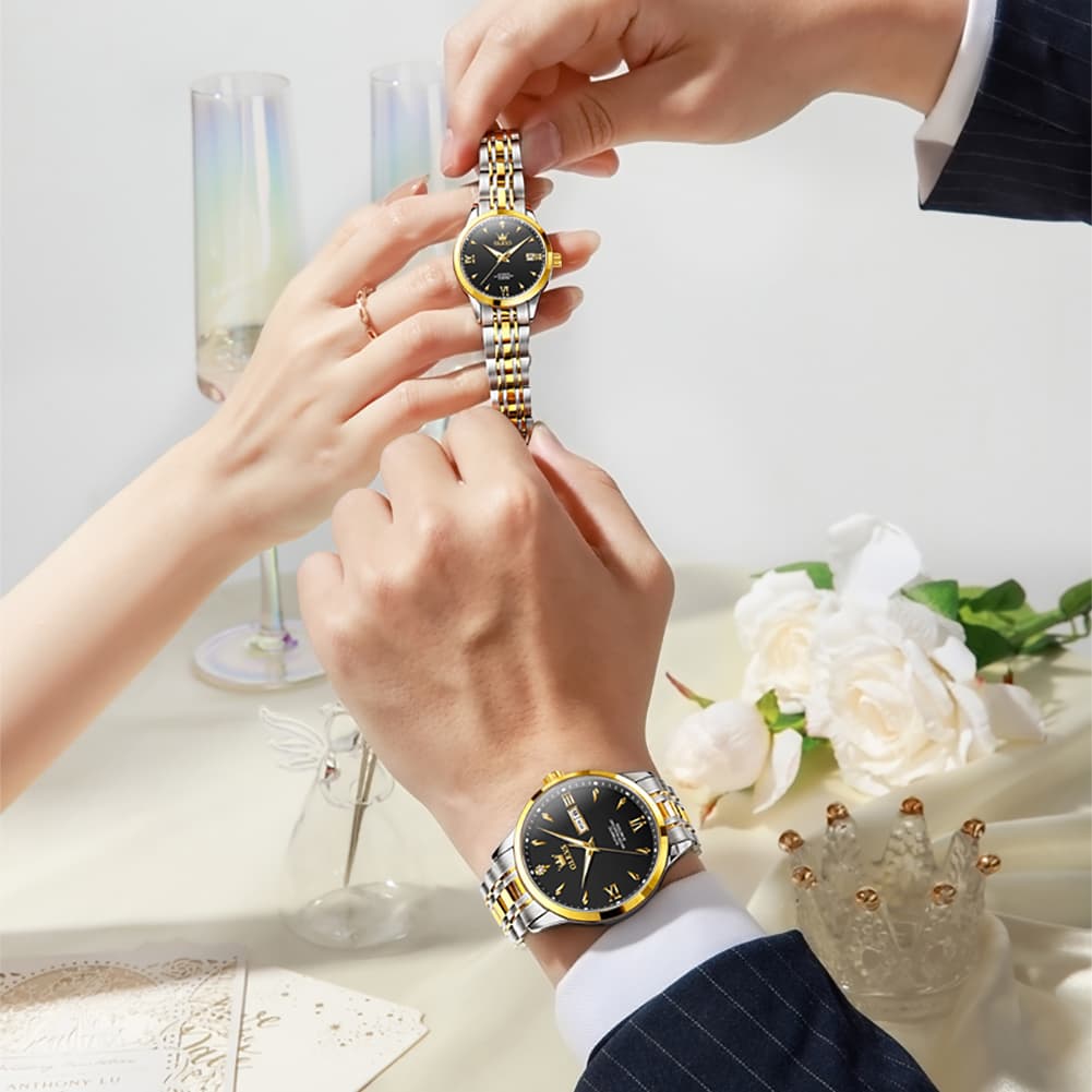 OLEVS Couple Watches Diamond Dial Automatic Mechanical Watch 9956 Steel Band for His and Hers