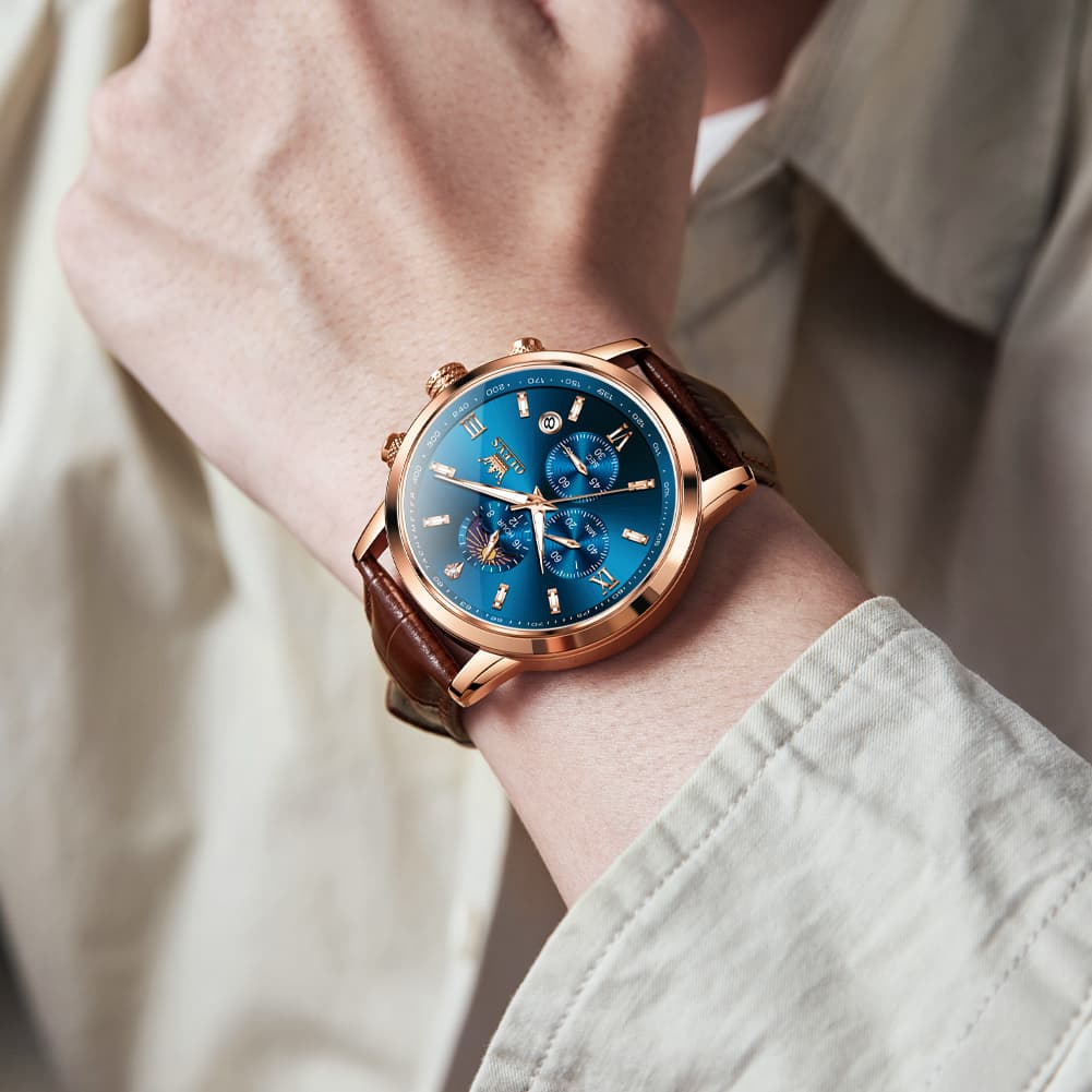 OLEVS 9812 Moon Phase Chronograph Leather Watch for Men
