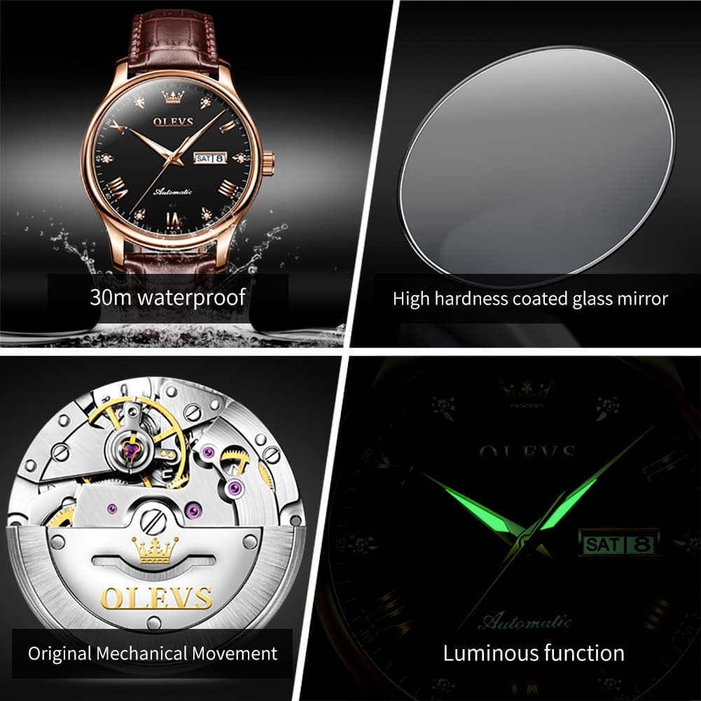OLEVS Couple Watches Diamond Dial Automatic Mechanical Watch 9932 Leather Strap for His and Hers