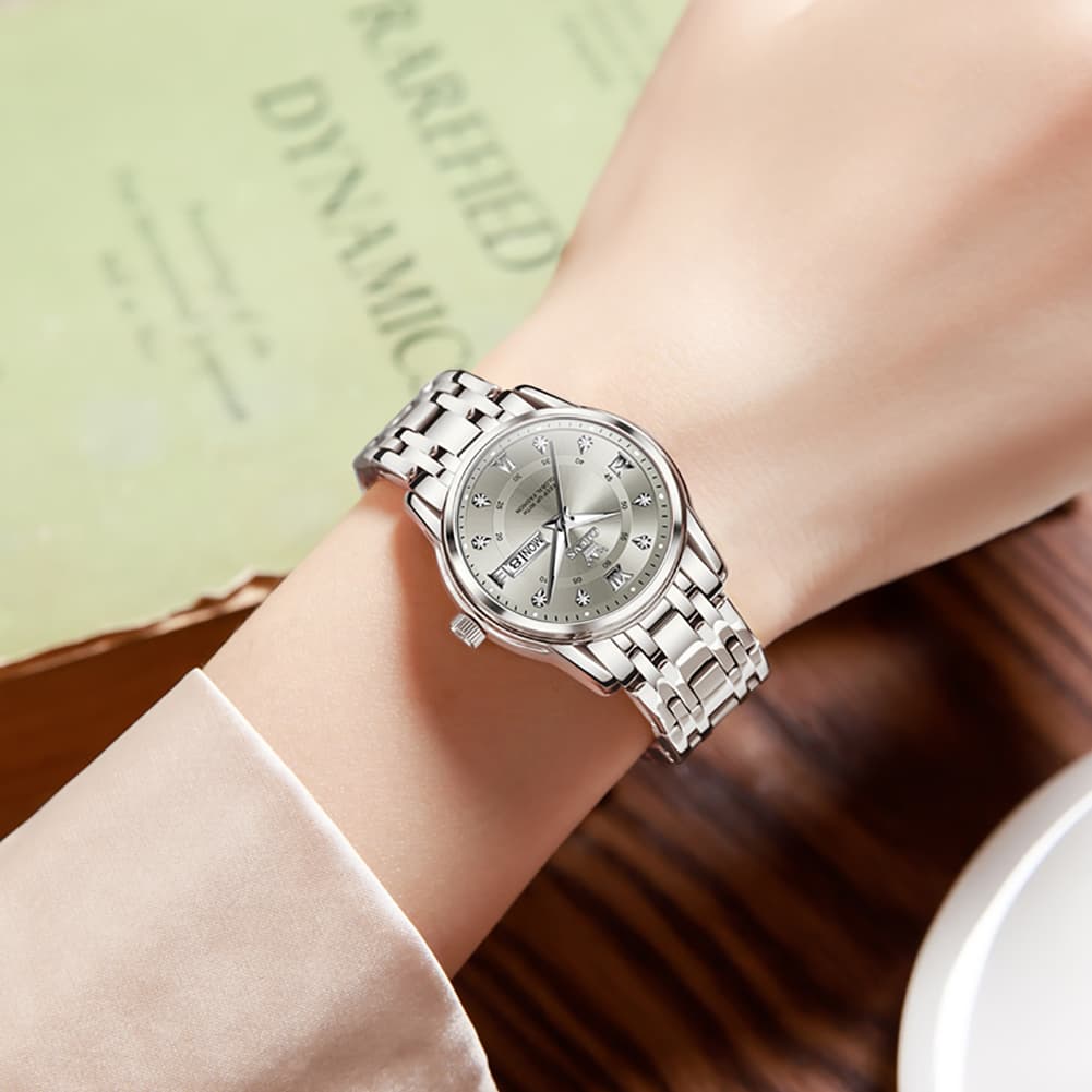 OLEVS Diamond Dial Day Date Quartz Watch 5513 Steel Band for Women