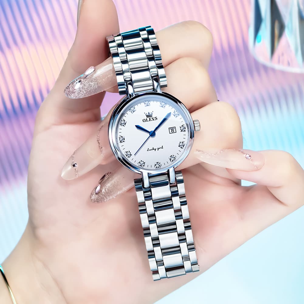 OLEVS Women Lucky Diamond Dress Watch Stainless Steel Quartz Date 5575