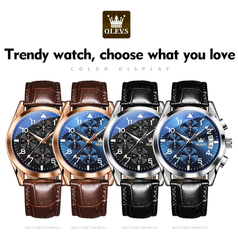 OLEVS 2878 Classic Pilot Chronograph Leather Watch for Men