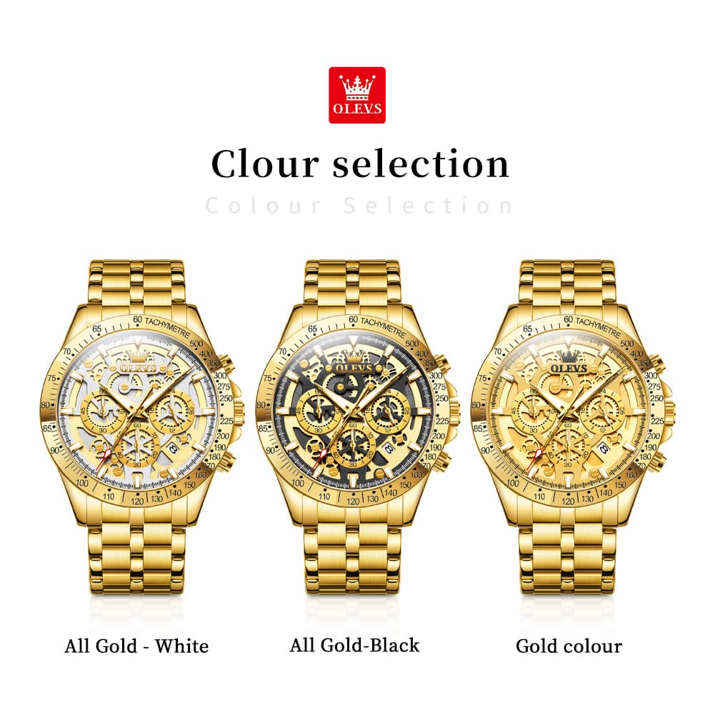 OLEVS 9913 Skeleton Dial Chronograph Gold Quartz Watch for Men