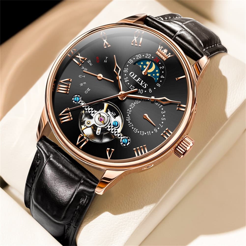 OLEVS 7009 Sun and Moon Skeleton Mechanical Watch for Men