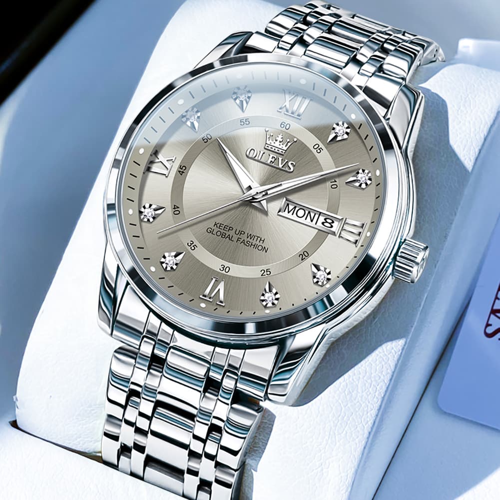OLEVS Diamond Dial Day Date Quartz Watch 5513 Steel Band for Men