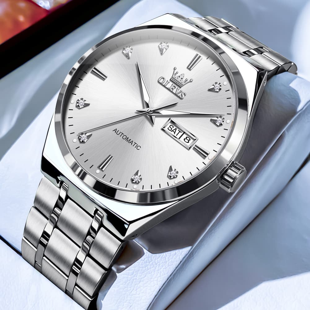 OLEVS Integrated Bracelet Diamond Dial Automatic Watch 9811 Day Date for Men