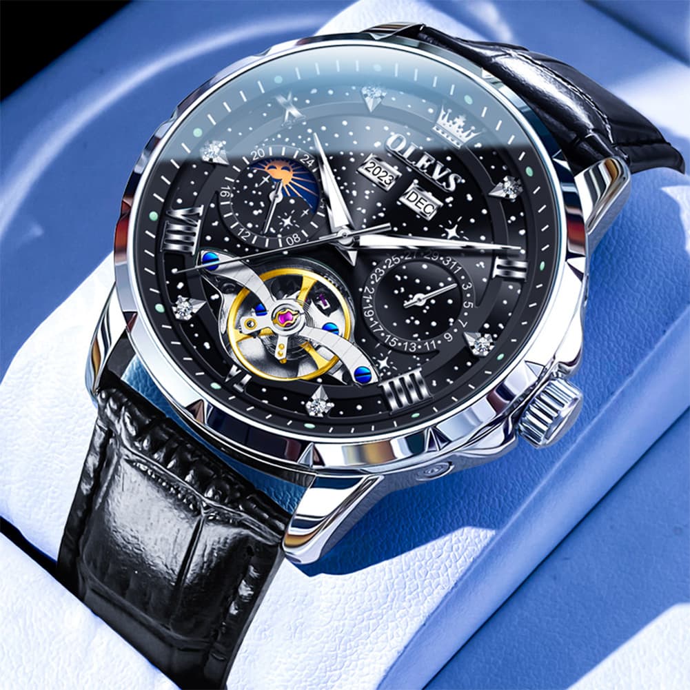 OLEVS 6690 Automatic Skeleton Starry Sky Steel Leather Watch for Men