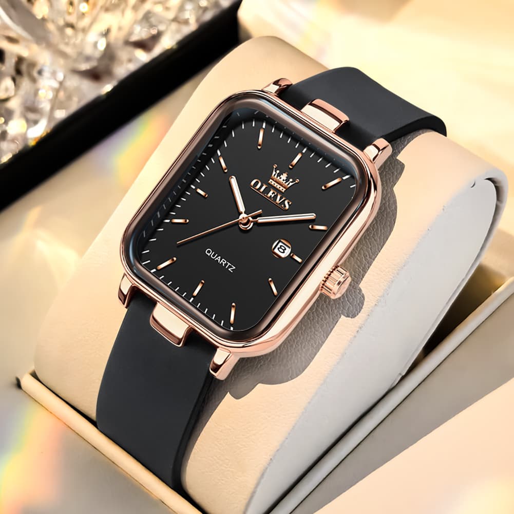 OLEVS 7089 Silicone Strap Watch Retro Square Date Quartz Sport Luxe Timepiece for Women