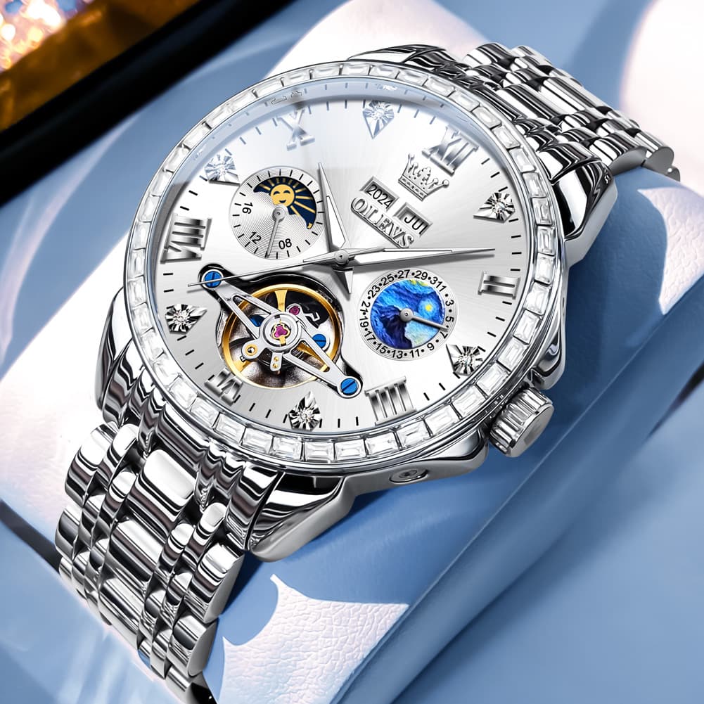 OLEVS 6712 Diamond Bezel Starry Moon Phase Calendar Mechanical Watch For Men