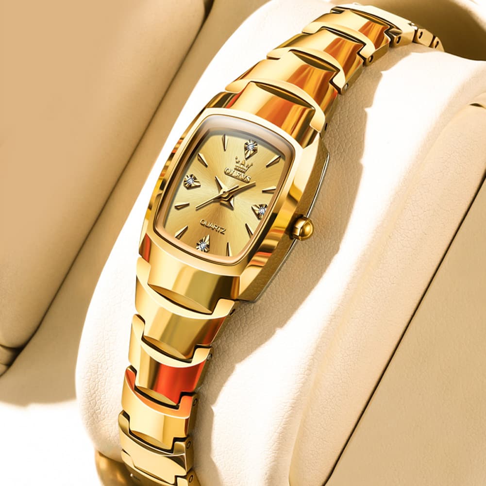 OLEVS 7006 Tungsten Steel Watch Tonneau Case Couple Diamond Accent Quartz Luxury Timepiece for Men and Women