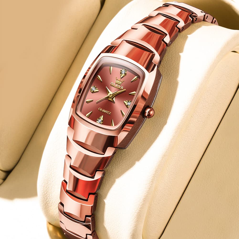 OLEVS 7006 Tungsten Steel Watch Tonneau Case Couple Diamond Accent Quartz Luxury Timepiece for Men and Women