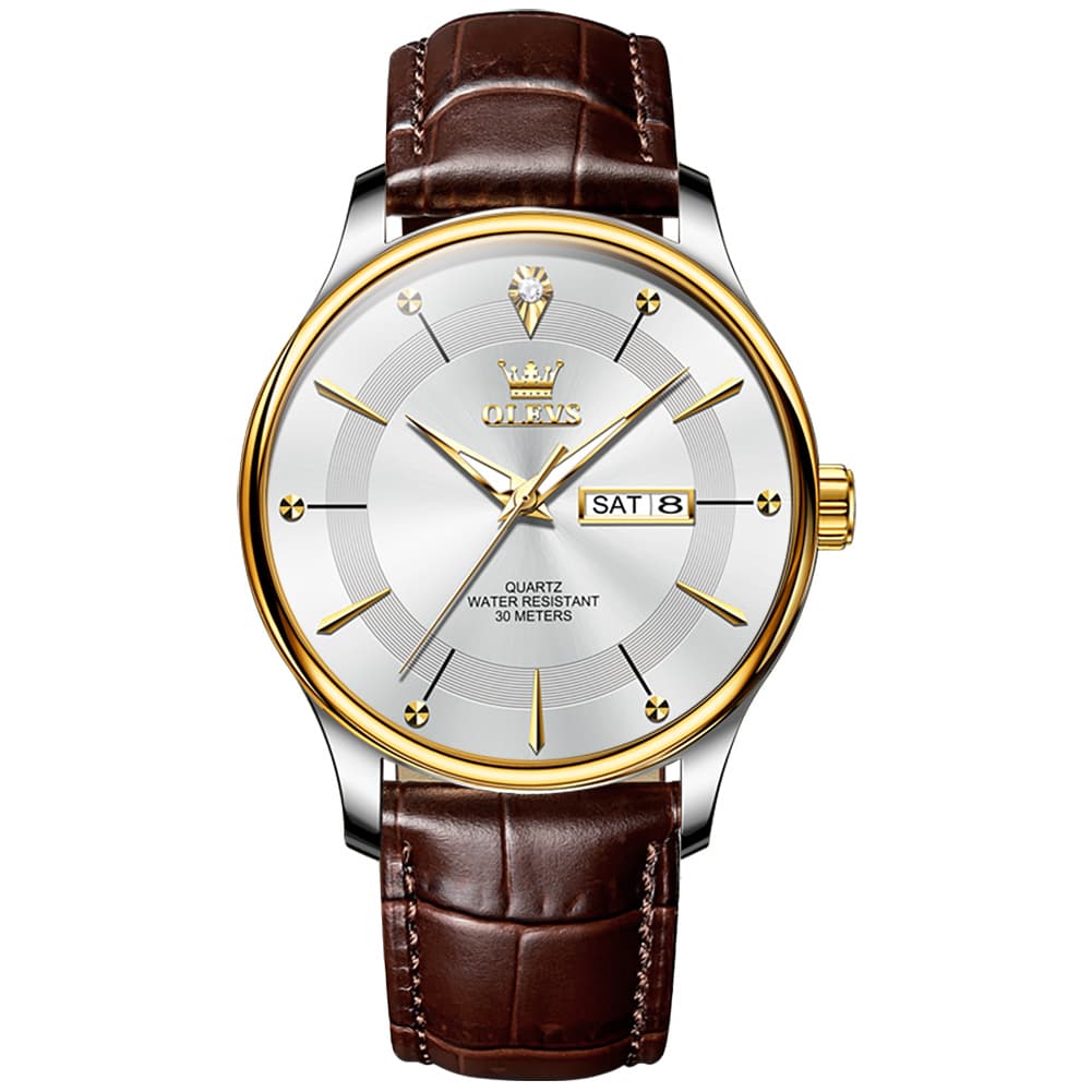 OLEVS 9908 Diamond Accent Day Date Quartz Watch for Men