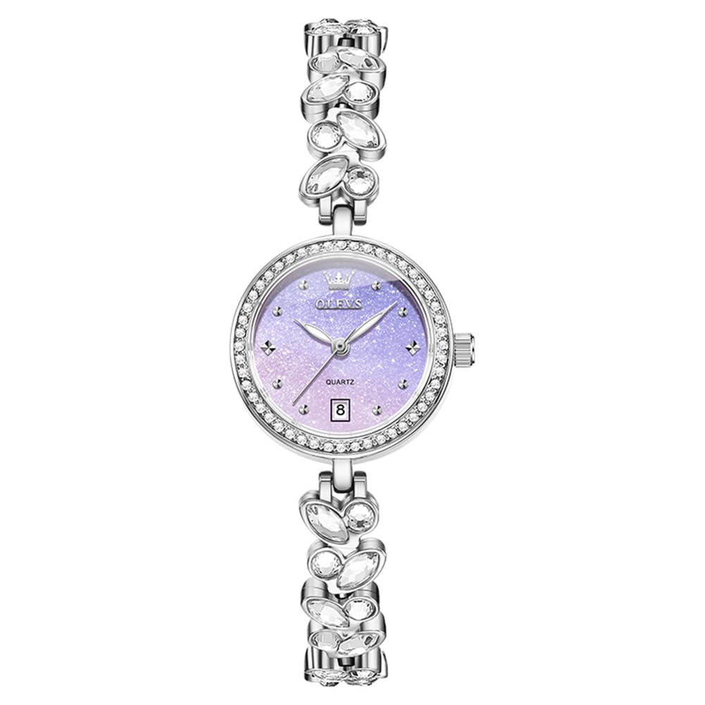 OLEVS 5679 Crystal Cluster Bracelet Watch Zircon Bezel Date Quartz Jewelry Timepiece for Women
