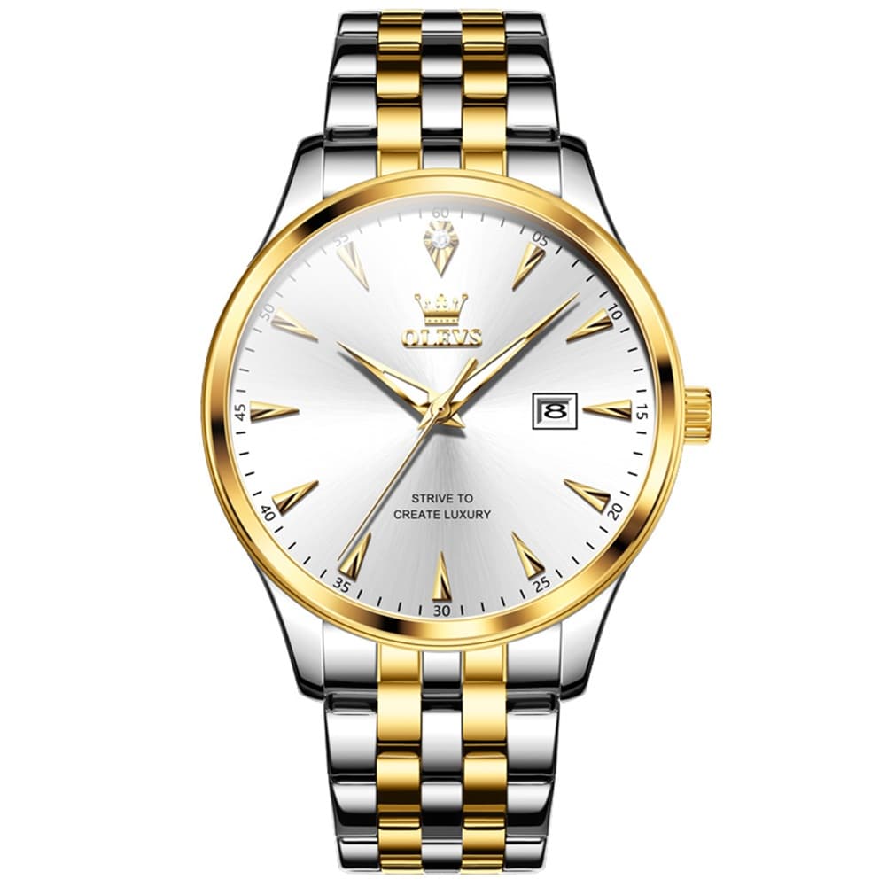 OLEVS Couple Watch Faceted Crystal Two Tone Stainless Steel Date Quartz 5598