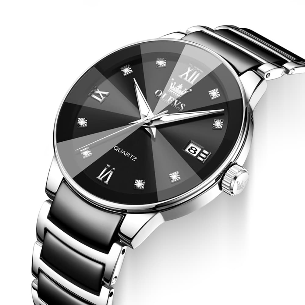 OLEVS 7114 Ceramic Link Watch Couple Date Diamond Accent Quartz Luxury Timepiece for Men and Women