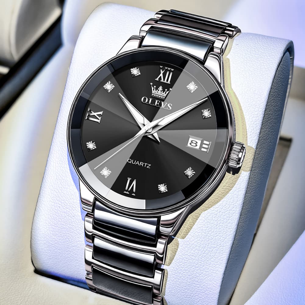 OLEVS 7114 Ceramic Link Watch Couple Date Diamond Accent Quartz Luxury Timepiece for Men and Women