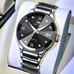 OLEVS 7114 Ceramic Link Watch Couple Date Diamond Accent Quartz Luxury Timepiece for Men and Women