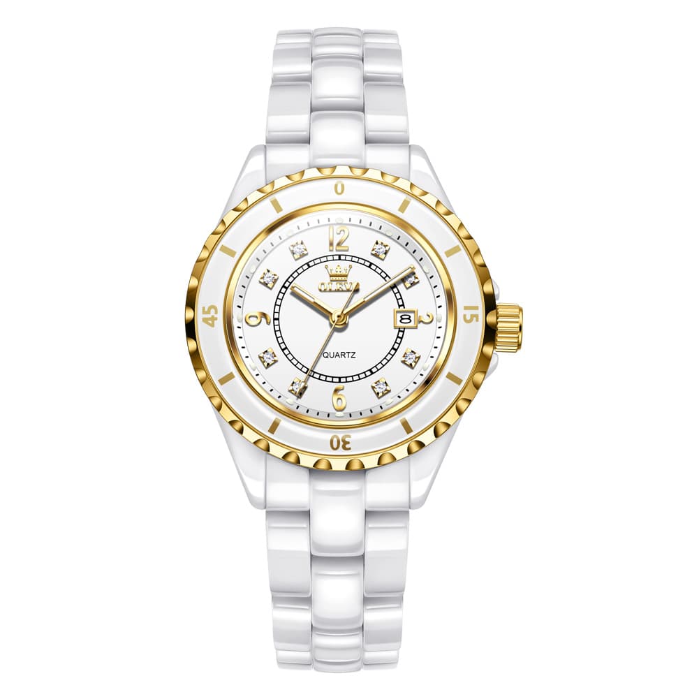 OLEVS 5658 White Ceramic Watch Diamond Accent Quartz Butterfly Clasp Luxury Timepiece for Women