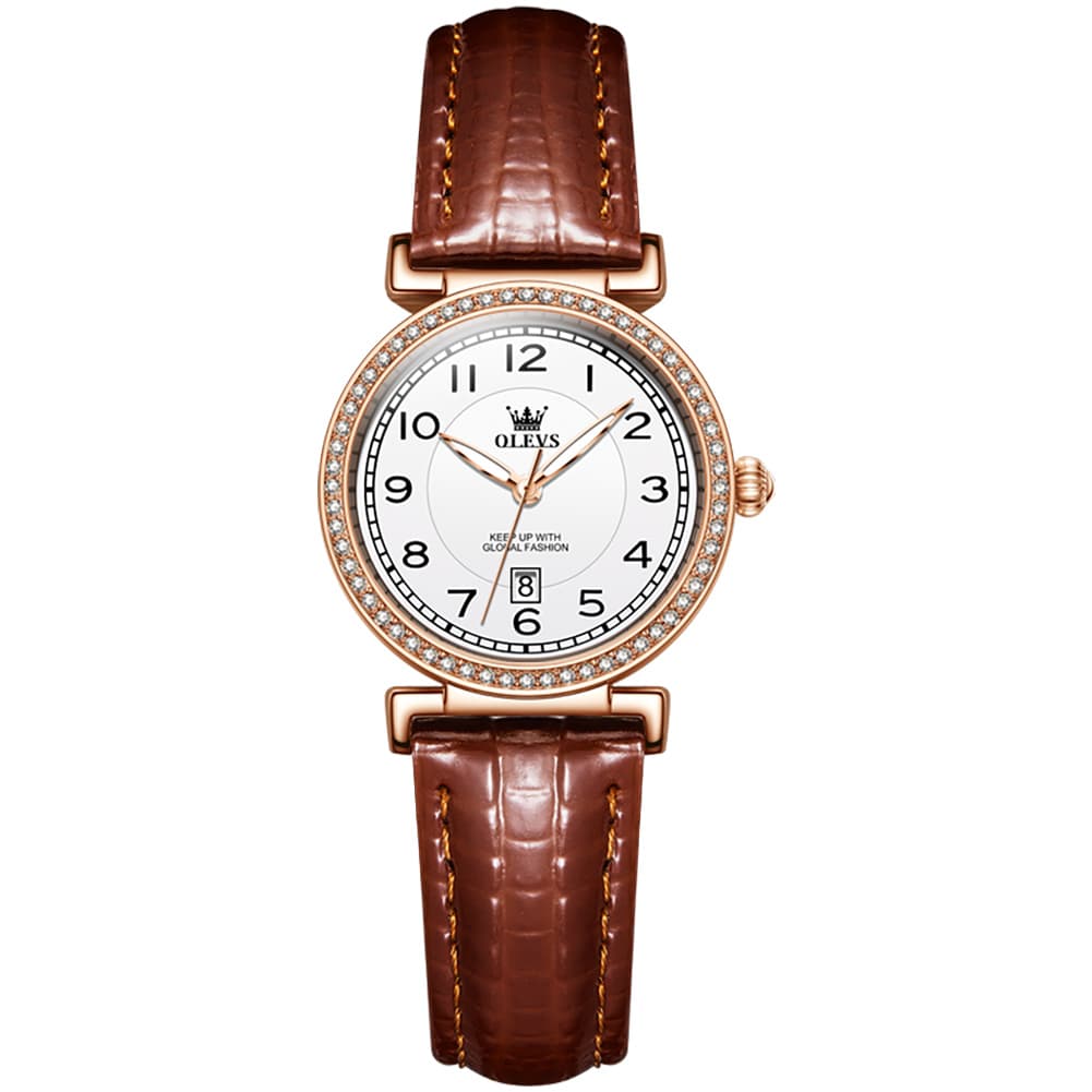 OLEVS Women Vintage Leather Dress Watch Arabic Numerals Date Quartz 5590