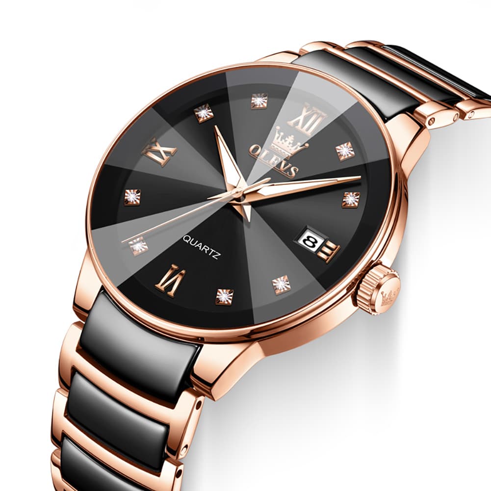 OLEVS 7114 Ceramic Link Watch Couple Date Diamond Accent Quartz Luxury Timepiece for Men and Women
