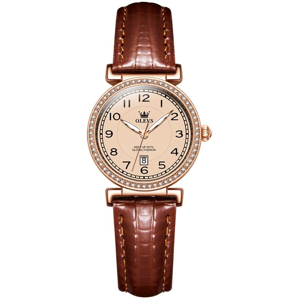 OLEVS Women Vintage Leather Dress Watch Arabic Numerals Date Quartz 5590