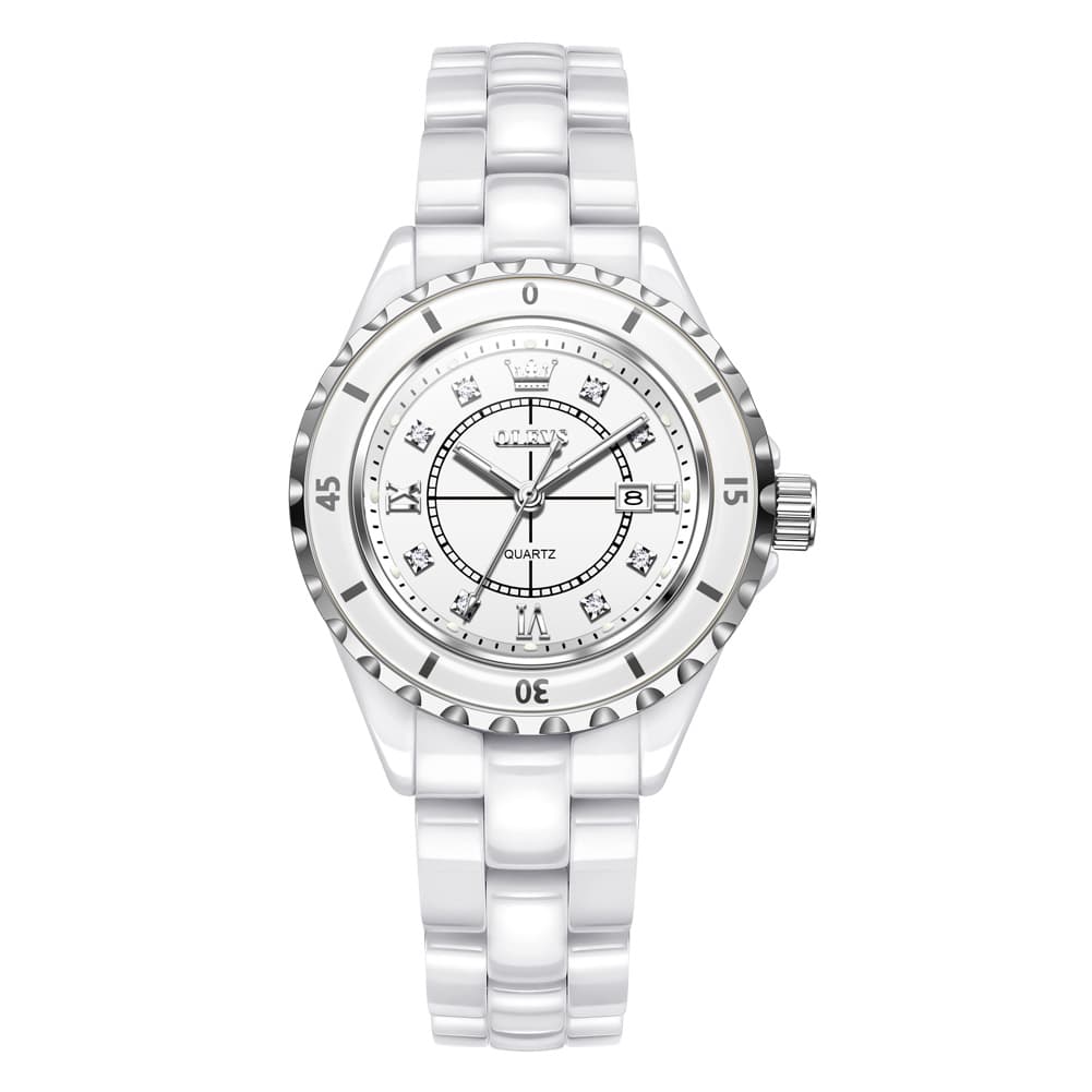 OLEVS 5658 White Ceramic Watch Diamond Accent Quartz Butterfly Clasp Luxury Timepiece for Women