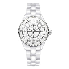 OLEVS 5658 White Ceramic Watch Diamond Accent Quartz Butterfly Clasp Luxury Timepiece for Women