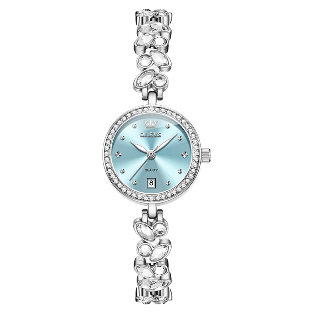 OLEVS 5679 Crystal Cluster Bracelet Watch Zircon Bezel Date Quartz Jewelry Timepiece for Women