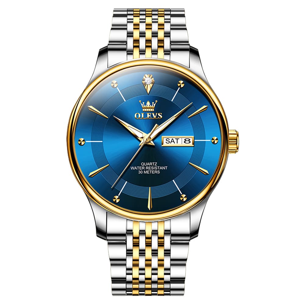 OLEVS 9908 Diamond Accent Day Date Quartz Watch for Men