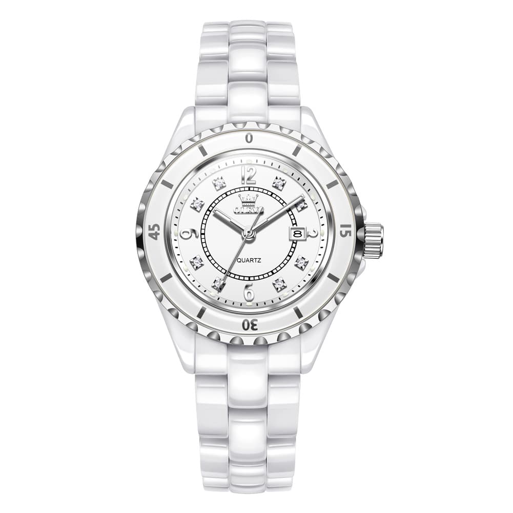 OLEVS 5658 White Ceramic Watch Diamond Accent Quartz Butterfly Clasp Luxury Timepiece for Women
