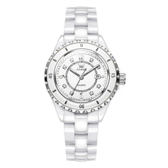 OLEVS 5658 White Ceramic Watch Diamond Accent Quartz Butterfly Clasp Luxury Timepiece for Women