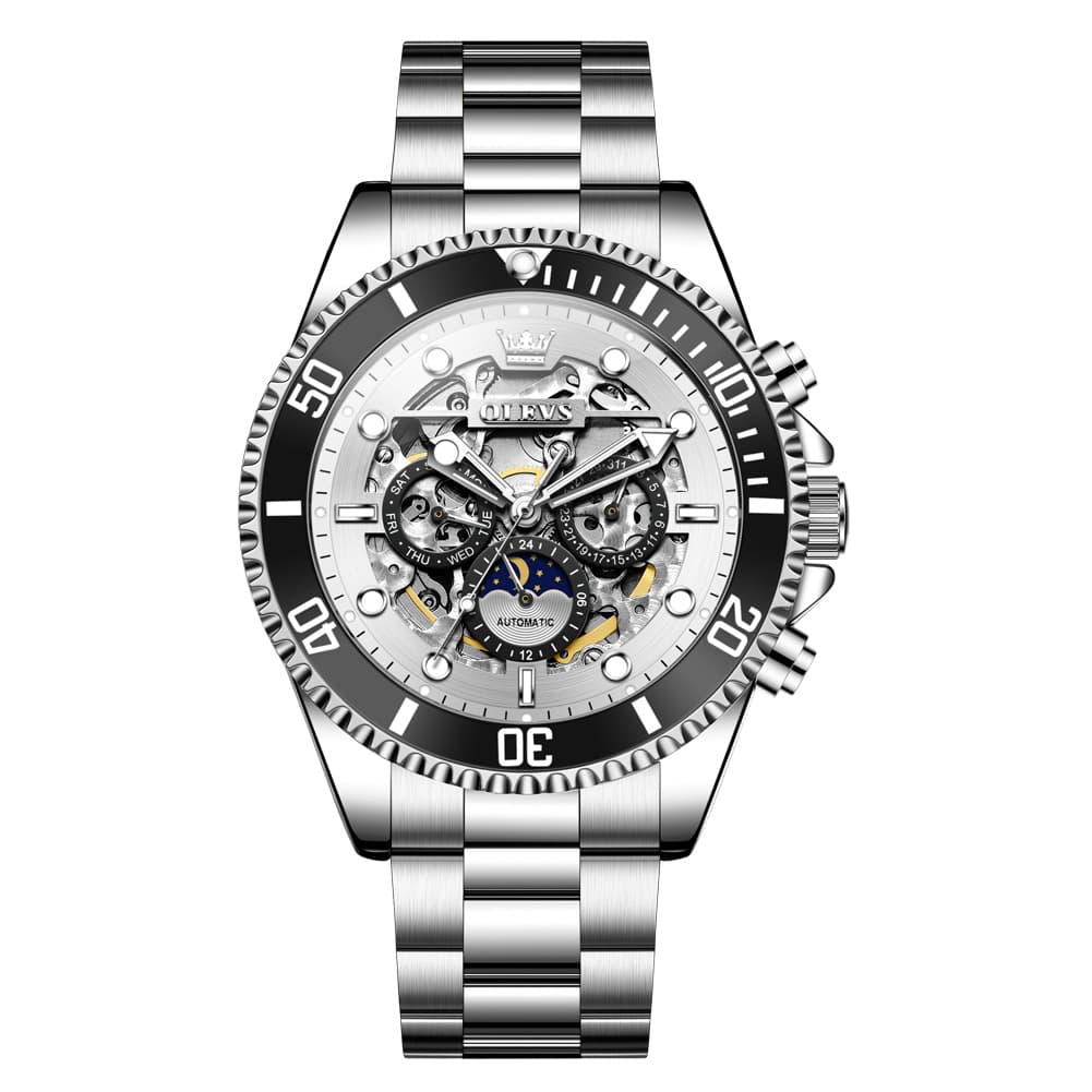 OLEVS 6715 Skeleton Multifunction Moon Phase Sports Mechanical Watch For Men