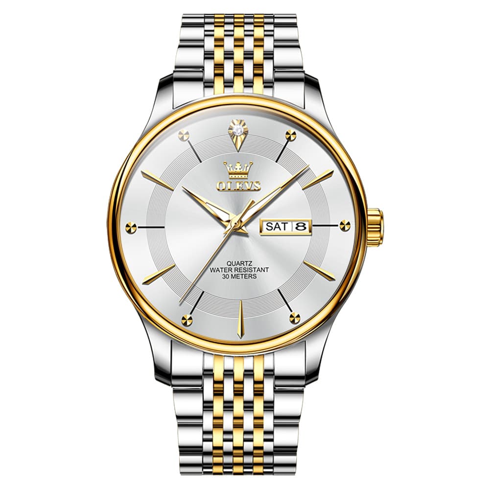 OLEVS 9908 Diamond Accent Day Date Quartz Watch for Men