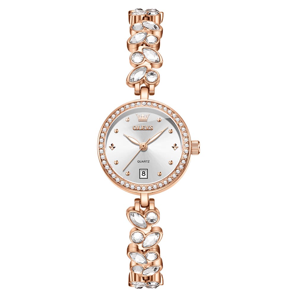 OLEVS 5679 Crystal Cluster Bracelet Watch Zircon Bezel Date Quartz Jewelry Timepiece for Women