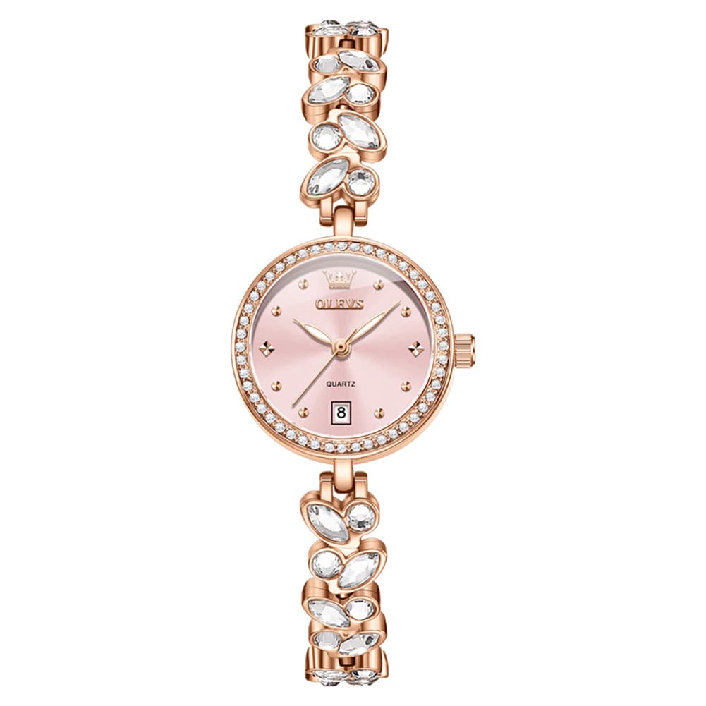 OLEVS 5679 Crystal Cluster Bracelet Watch Zircon Bezel Date Quartz Jewelry Timepiece for Women