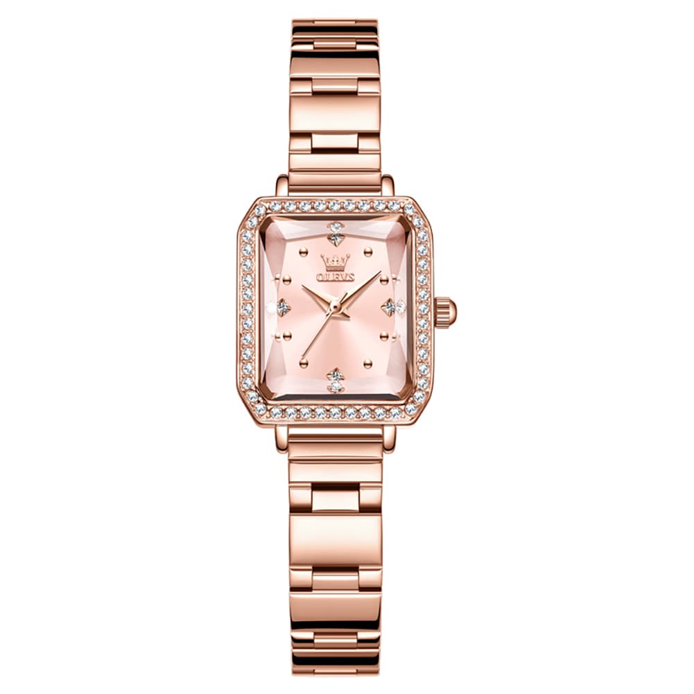 OLEVS 5688 Beveled Edge Crystal Rectangular Watch Diamond Bezel Stainless Steel Quartz Timepiece for Women