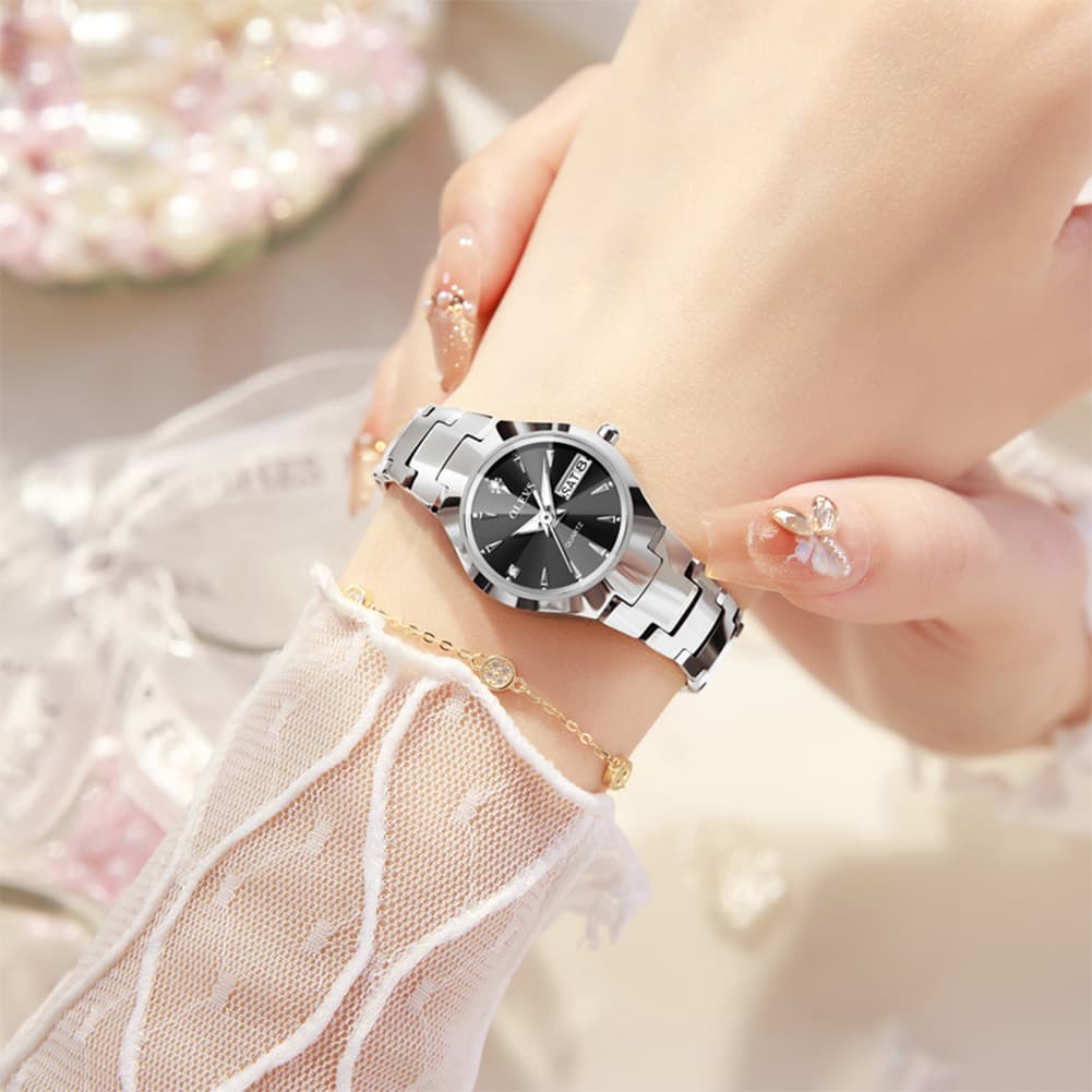 OLEVS Tungsten Steel Ultra Thin Day Date Couple Watch 8697 for Men and Women