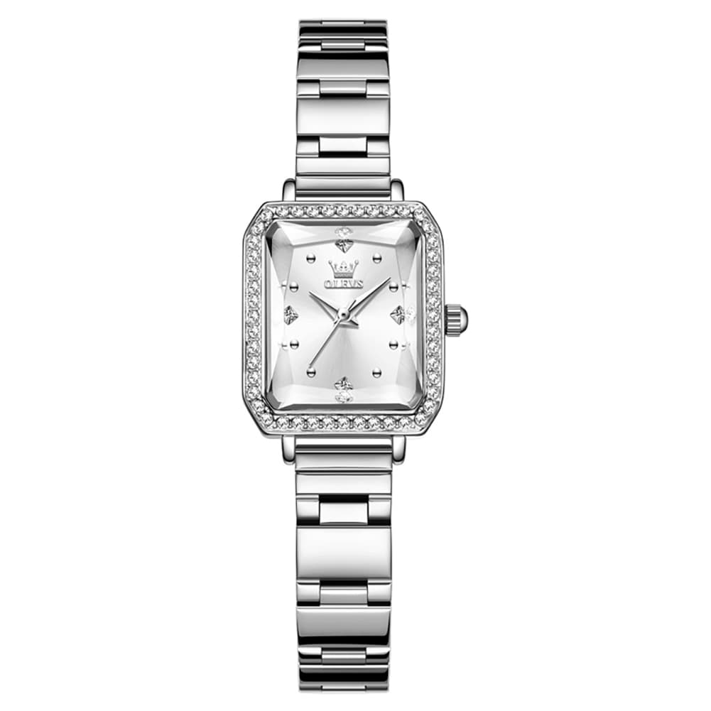 OLEVS 5688 Beveled Edge Crystal Rectangular Watch Diamond Bezel Stainless Steel Quartz Timepiece for Women