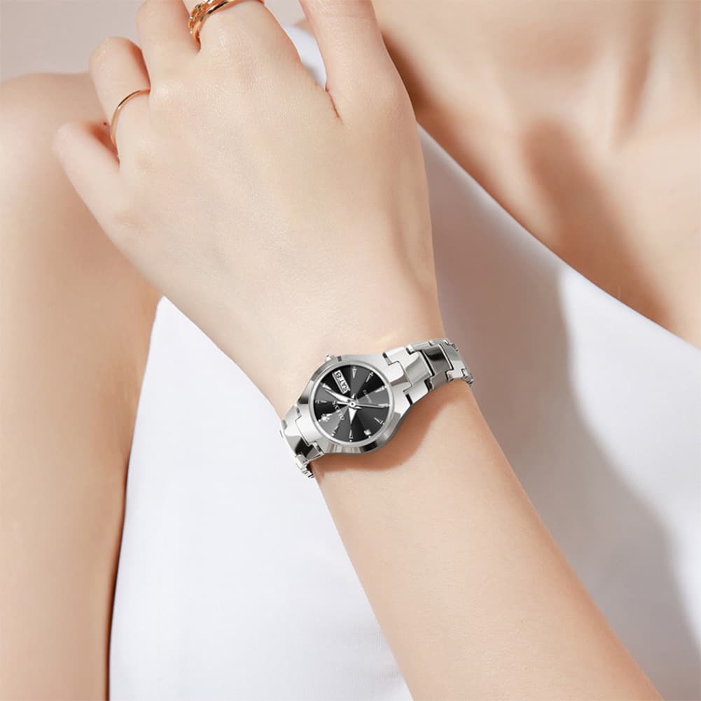 OLEVS Tungsten Steel Ultra Thin Day Date Couple Watch 8697 for Men and Women