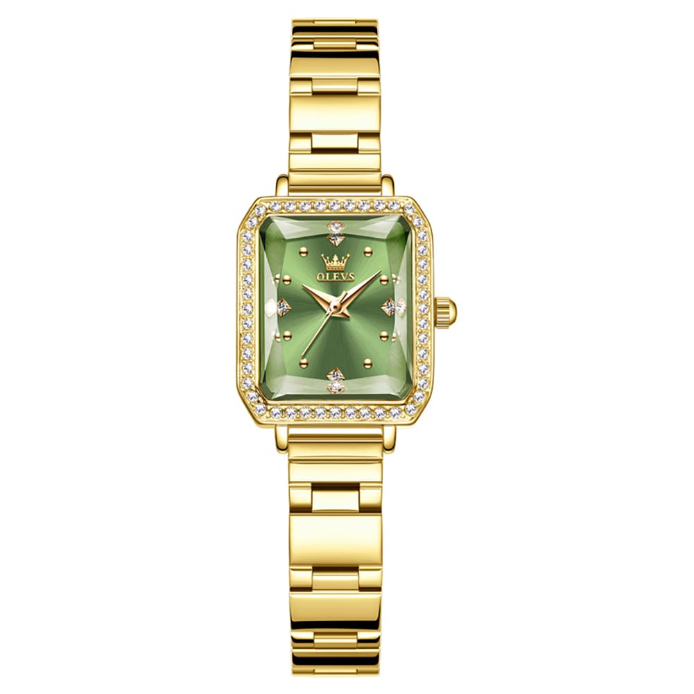 OLEVS 5688 Beveled Edge Crystal Rectangular Watch Diamond Bezel Stainless Steel Quartz Timepiece for Women