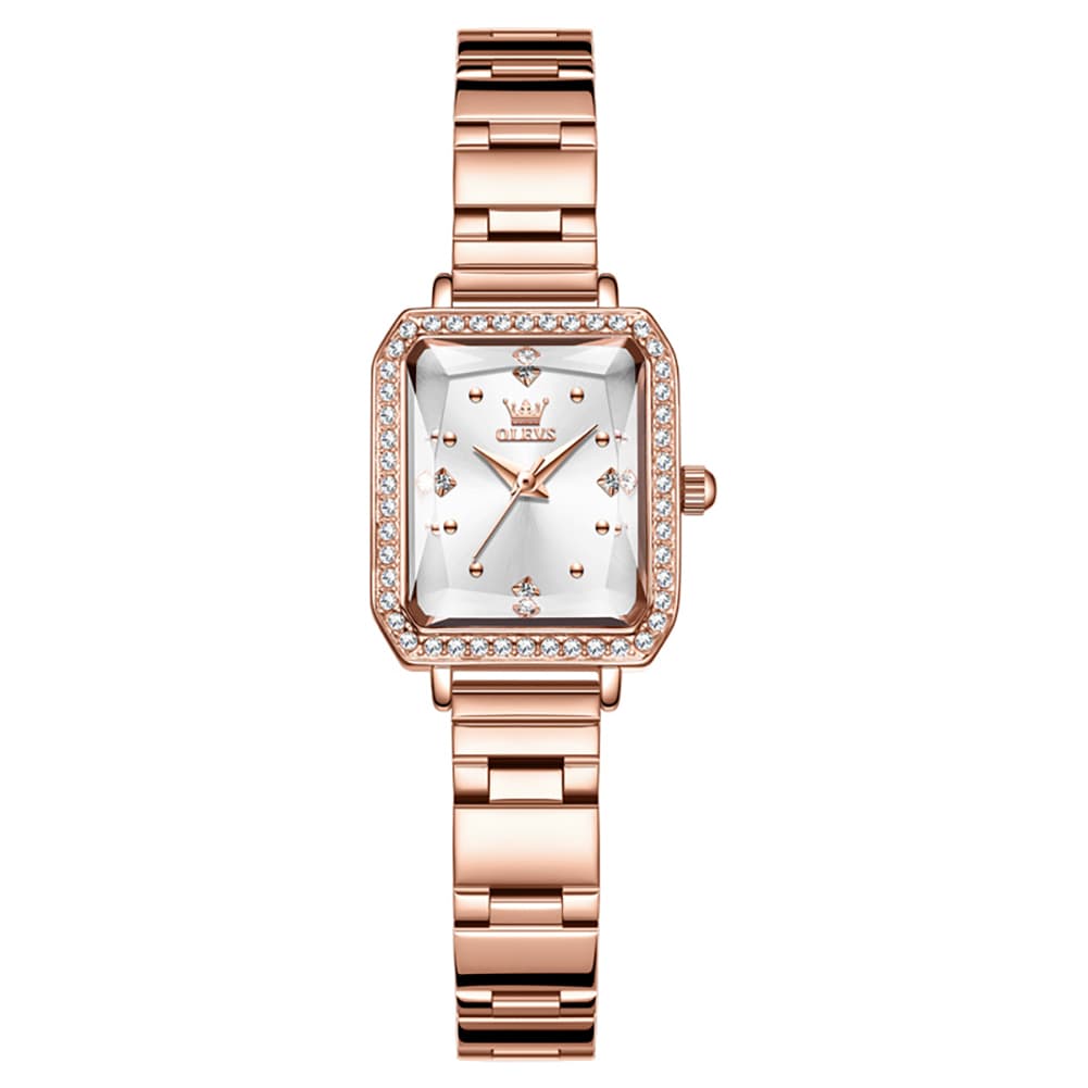 OLEVS 5688 Beveled Edge Crystal Rectangular Watch Diamond Bezel Stainless Steel Quartz Timepiece for Women